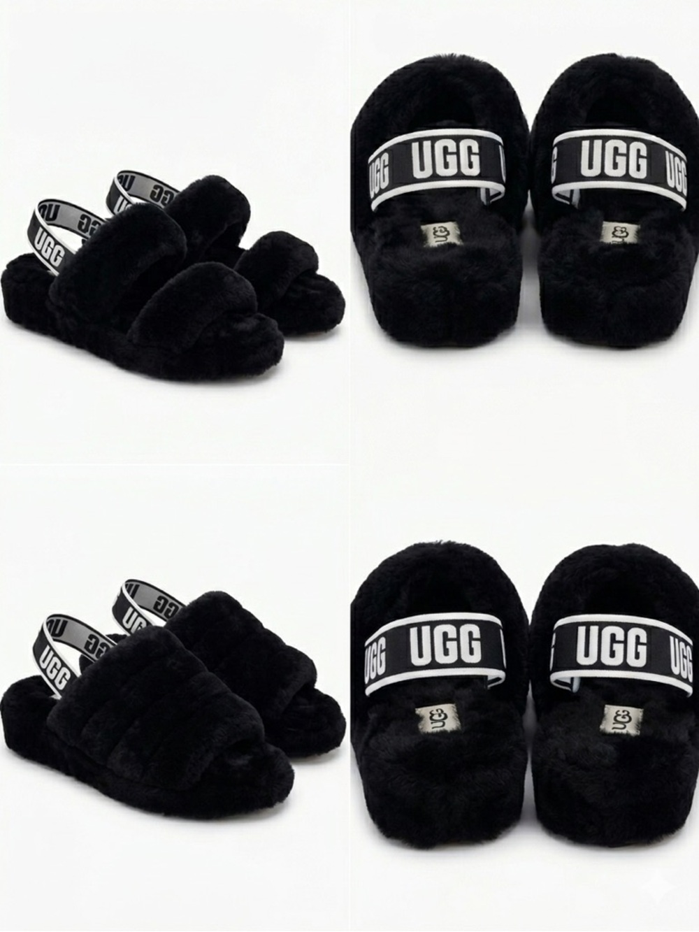 UGG Black Fuzzy Shearling Slide Sandals with Logo Heel Strap